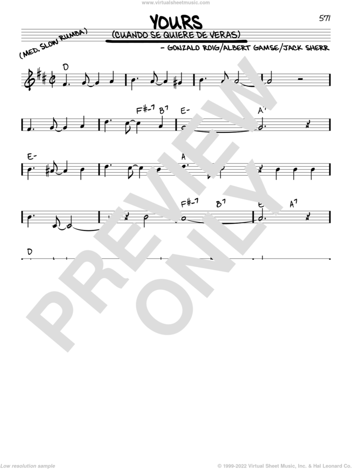 Yours (Quiereme Mucho) sheet music for voice and other instruments (real book) by Agustin Rodriguez, Albert Gamse, Gonzalo Roig and Jack Sherr, intermediate skill level