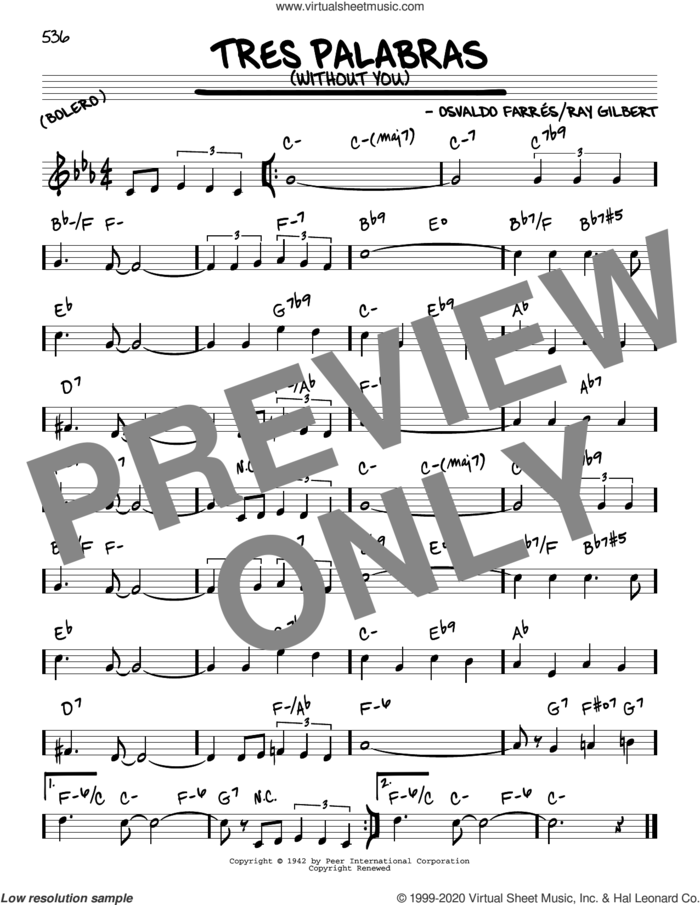 Tres Palabras (Without You) sheet music for voice and other instruments (real book) by Ray Gilbert and Osvaldo Farres, intermediate skill level