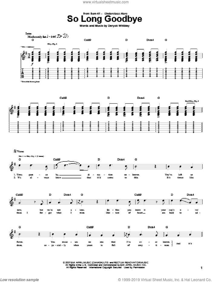 So Long Goodbye sheet music for guitar (tablature) by Sum 41 and Deryck Whibley, intermediate skill level