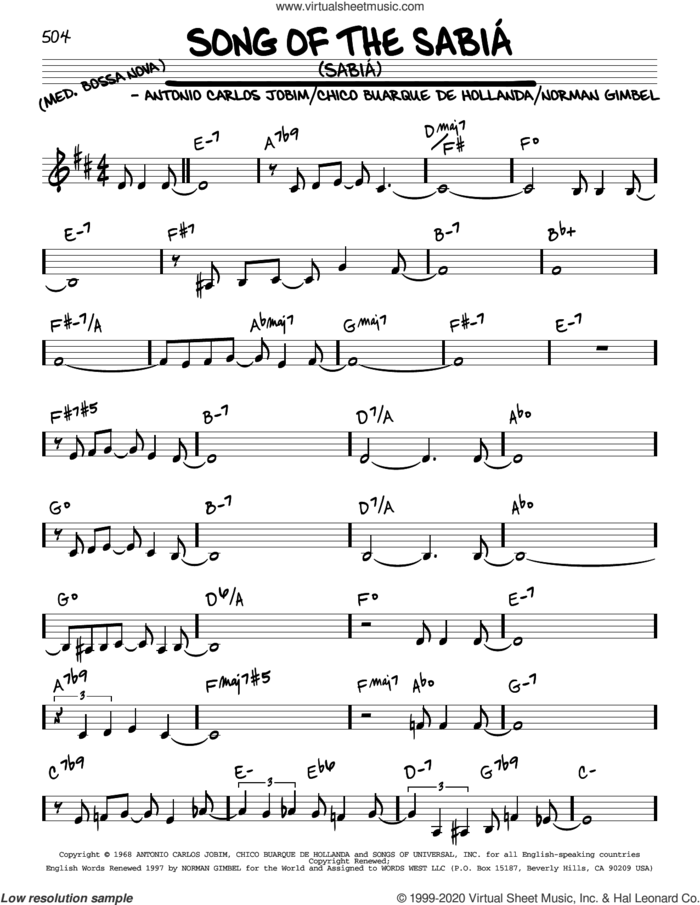 Song Of The Sabia (Sabia) sheet music for voice and other instruments (real book) by Norman Gimbel, Antonio Carlos Jobim and Chico Buarque De Hollanda, intermediate skill level