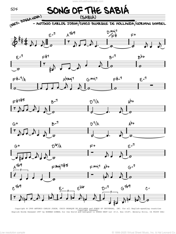 Song Of The Sabia (Sabia) sheet music for voice and other instruments (real book) by Norman Gimbel, Antonio Carlos Jobim and Chico Buarque De Hollanda, intermediate skill level