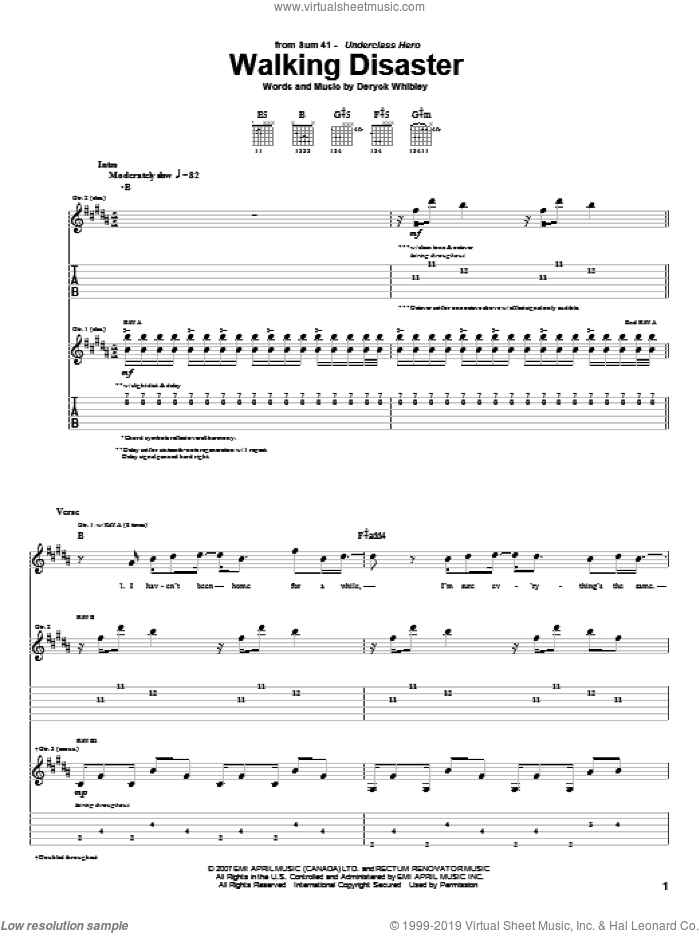 Walking Disaster sheet music for guitar (tablature) by Sum 41 and Deryck Whibley, intermediate skill level