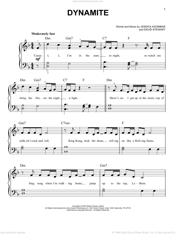 Dynamite, (easy) sheet music for piano solo by BTS, Dave Stewart and Jessica  Agombar, easy skill level