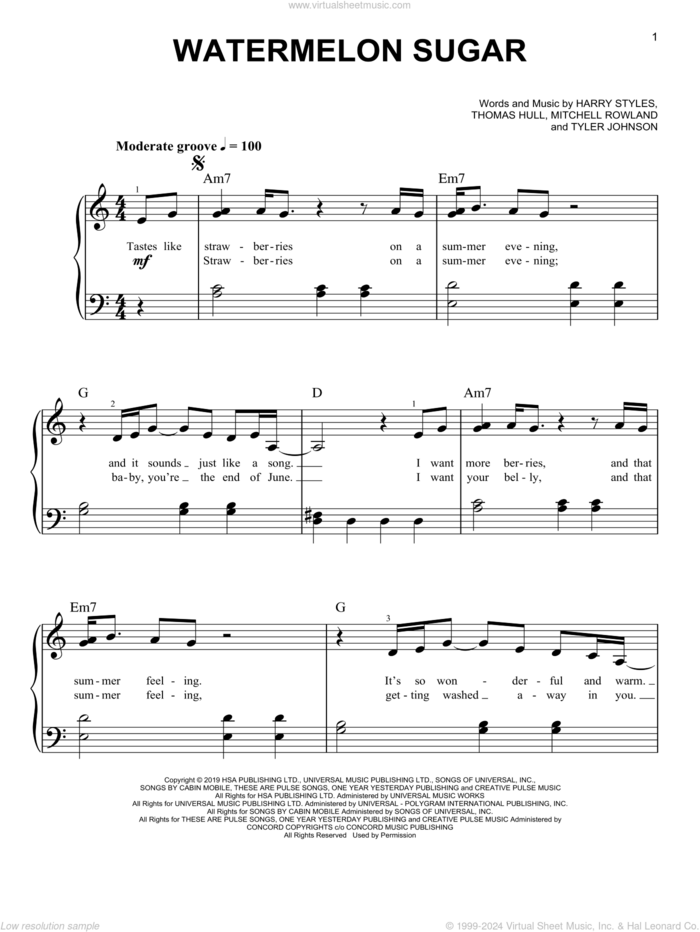 Watermelon Sugar sheet music for piano solo by Harry Styles, Mitchell Rowland, Tom Hull and Tyler Johnson, easy skill level
