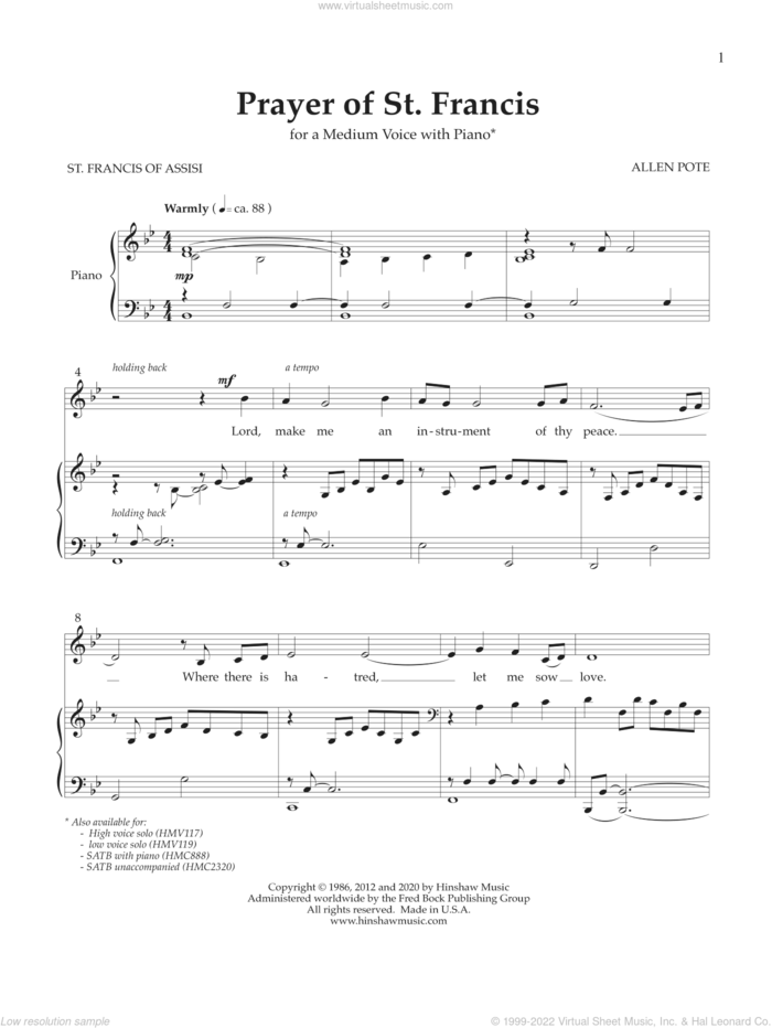 Prayer of St. Francis (Medium Voice) sheet music for voice and piano (Medium ) by Allen Pote and St. Francis of Assisi, intermediate skill level