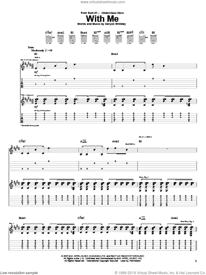 With Me sheet music for guitar (tablature) by Sum 41 and Deryck Whibley, intermediate skill level