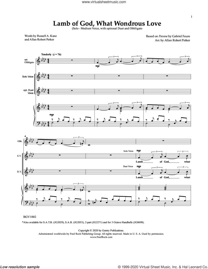 Lamb of God, What Wondrous Love sheet music for voice and piano by Gabriel Faure and Allan Petker, intermediate skill level