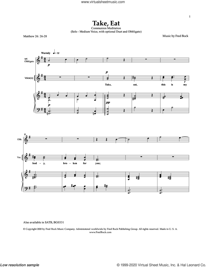 Take, Eat sheet music for voice and piano by Fred Bock, intermediate skill level