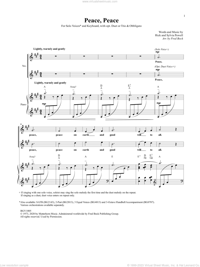 Peace, Peace sheet music for voice and piano by Fred Bock, Rick Powell and Sylvia Powell, intermediate skill level