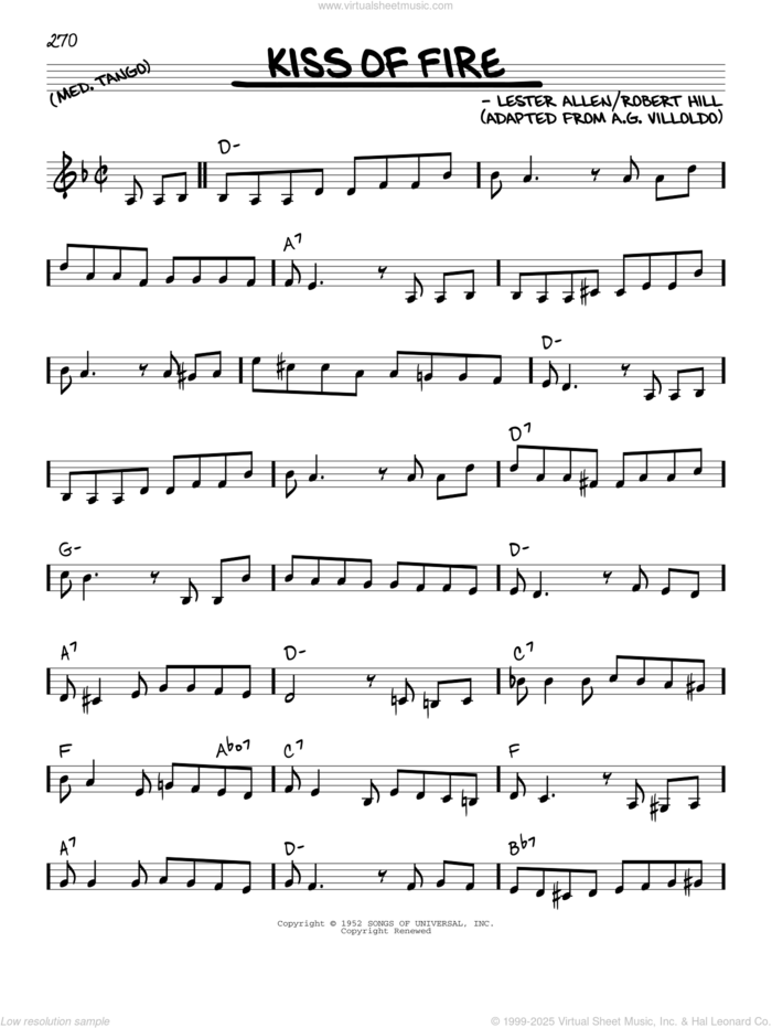 Kiss Of Fire sheet music for voice and other instruments (real book) by Georgia Gibbs, Lester Allen and Robert Hill, intermediate skill level