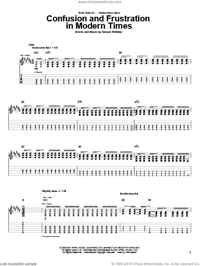 Confusion And Frustration In Modern Times sheet music for guitar (tablature) by Sum 41 and Deryck Whibley, intermediate skill level