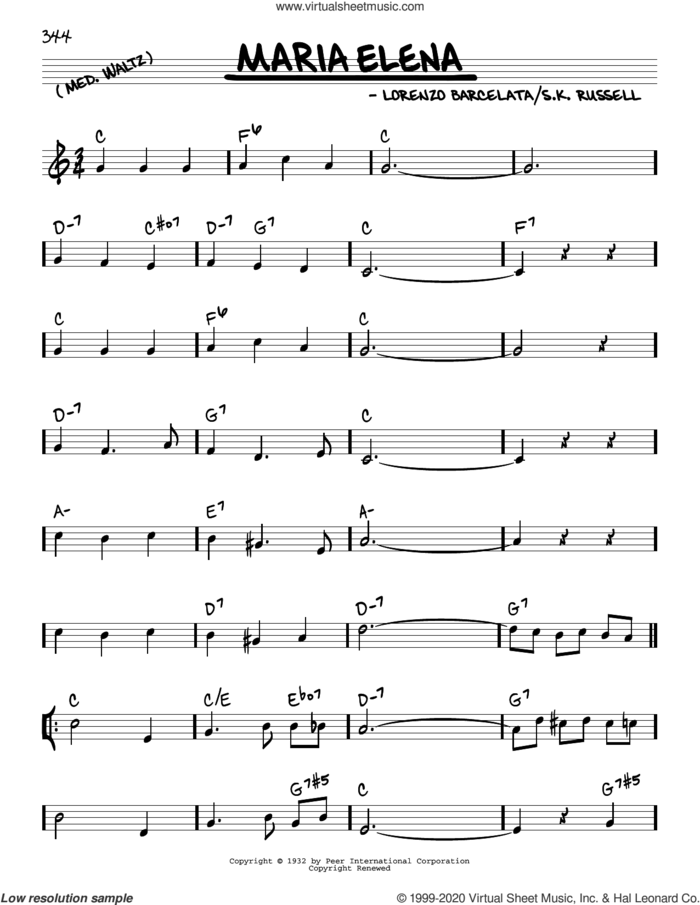 Maria Elena sheet music for voice and other instruments (real book) by Indios Trabajaras, Lorenzo Barcelata and S.K. Russell, intermediate skill level