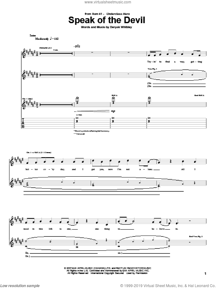 Speak Of The Devil sheet music for guitar (tablature) by Sum 41 and Deryck Whibley, intermediate skill level