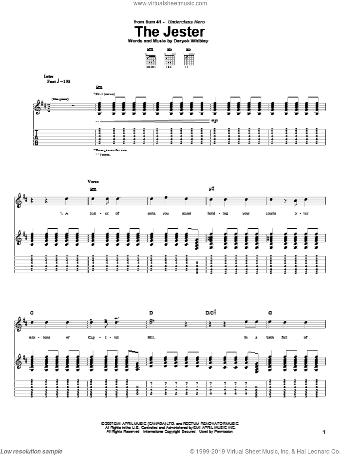 The Jester sheet music for guitar (tablature) by Sum 41 and Deryck Whibley, intermediate skill level