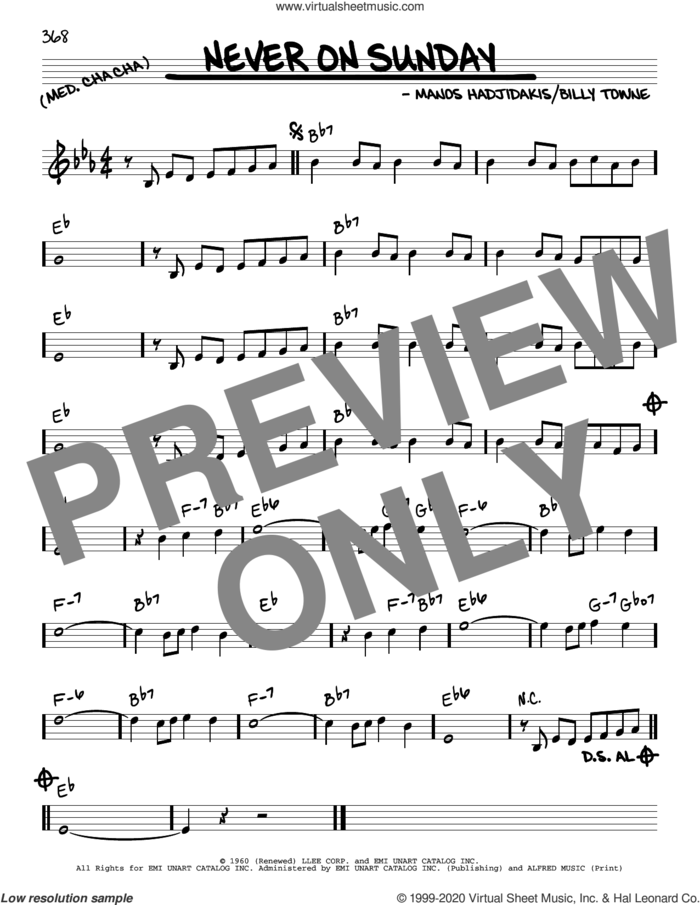 Never On Sunday sheet music for voice and other instruments (real book) by Manos Hadjidakis and Billy Towne, intermediate skill level