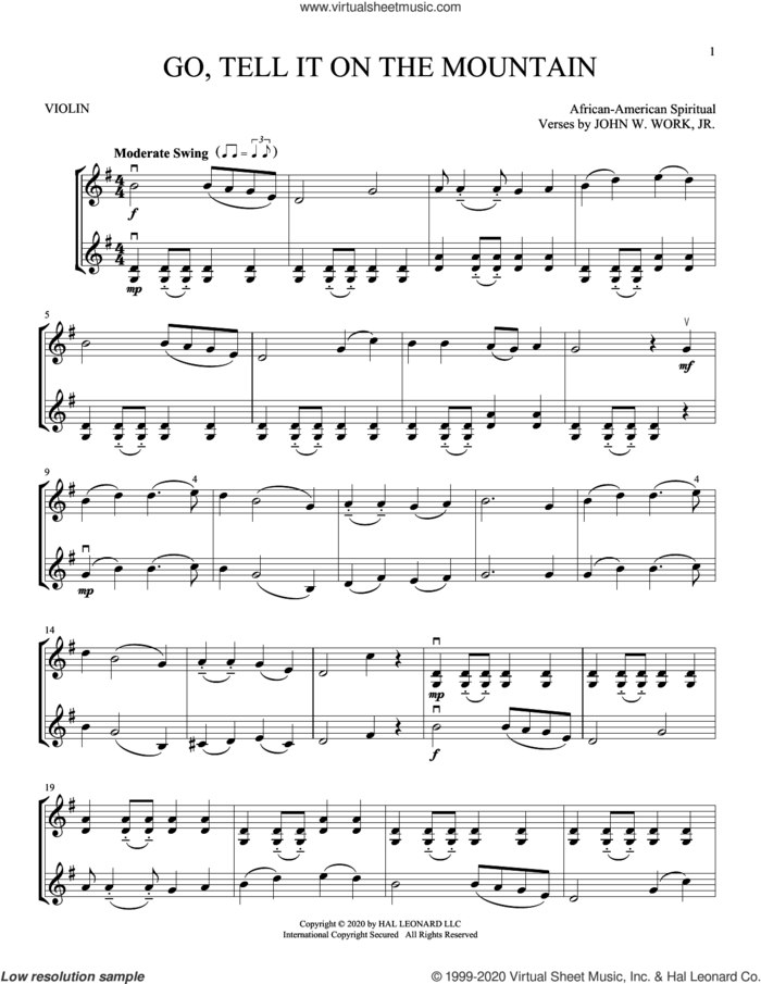 Go, Tell It On The Mountain sheet music for two violins (duets, violin duets) by John W. Work, Jr. and Miscellaneous, intermediate skill level