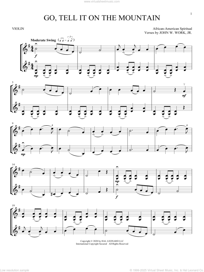 Go, Tell It On The Mountain sheet music for two violins (duets, violin duets) by John W. Work, Jr. and Miscellaneous, intermediate skill level