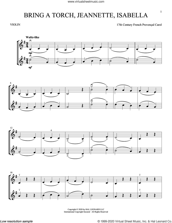 Bring A Torch, Jeannette, Isabella sheet music for two violins (duets, violin duets) by Anonymous and Miscellaneous, intermediate skill level