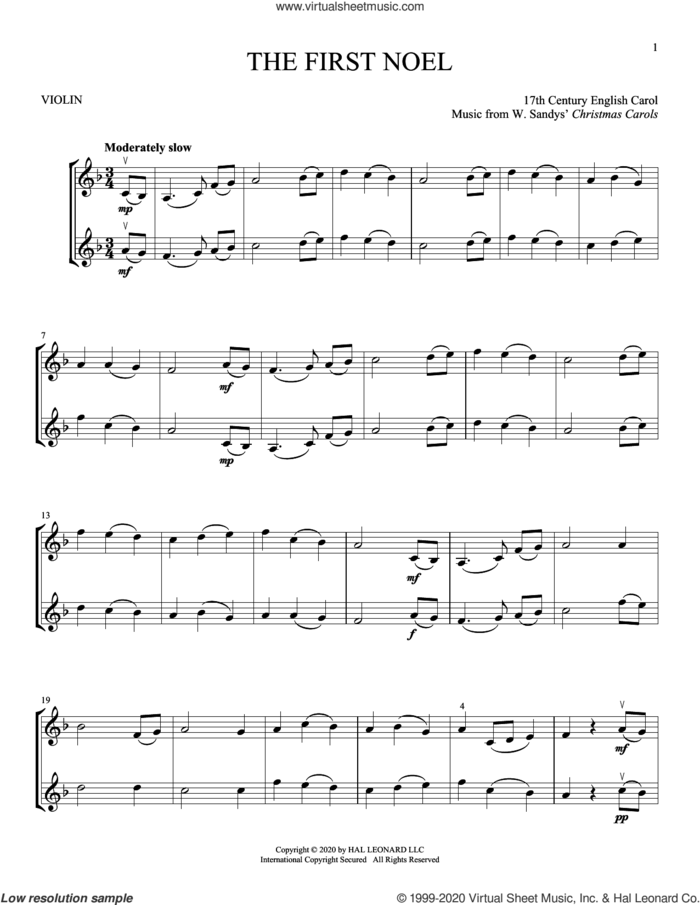 The First Noel sheet music for two violins (duets, violin duets) by W. Sandys' Christmas Carols and Miscellaneous, intermediate skill level