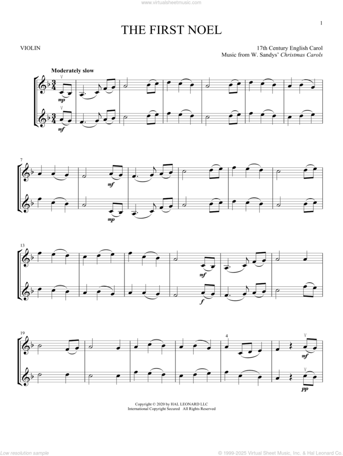 The First Noel sheet music for two violins (duets, violin duets) by W. Sandys' Christmas Carols and Miscellaneous, intermediate skill level