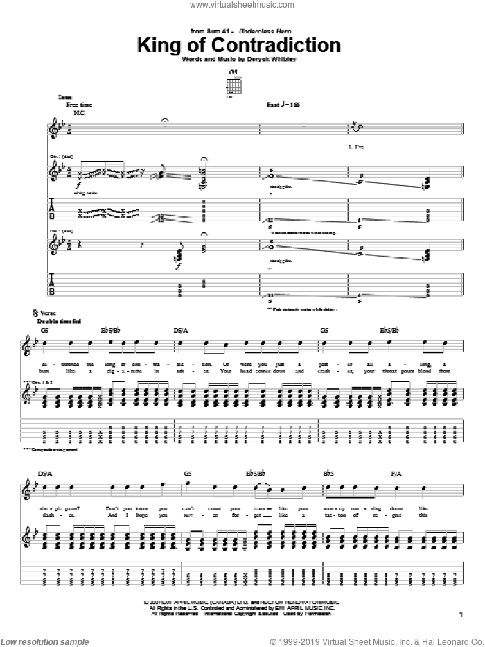 King Of Contradiction sheet music for guitar (tablature) by Sum 41 and Deryck Whibley, intermediate skill level