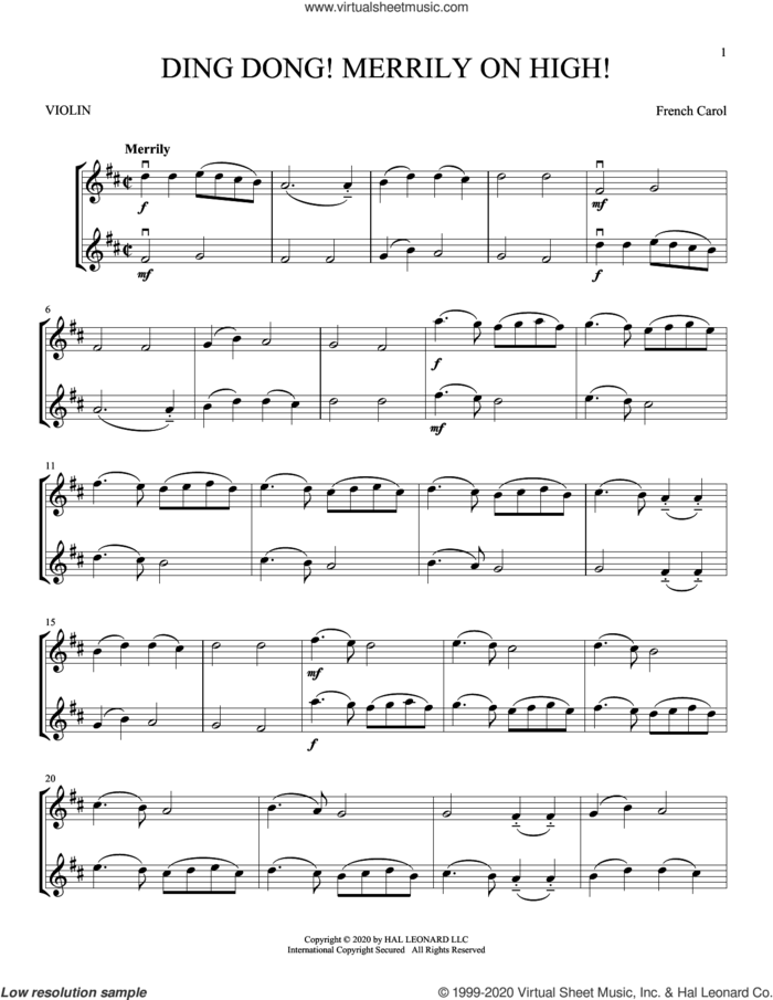 Ding Dong! Merrily On High! sheet music for two violins (duets, violin duets), intermediate skill level