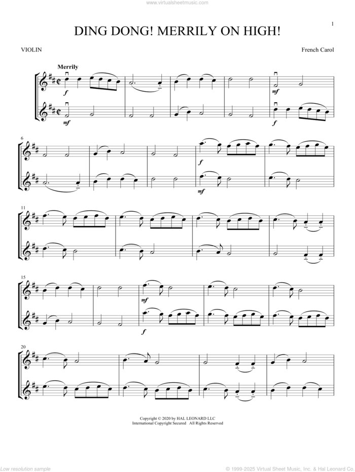 Ding Dong! Merrily On High! sheet music for two violins (duets, violin duets), intermediate skill level