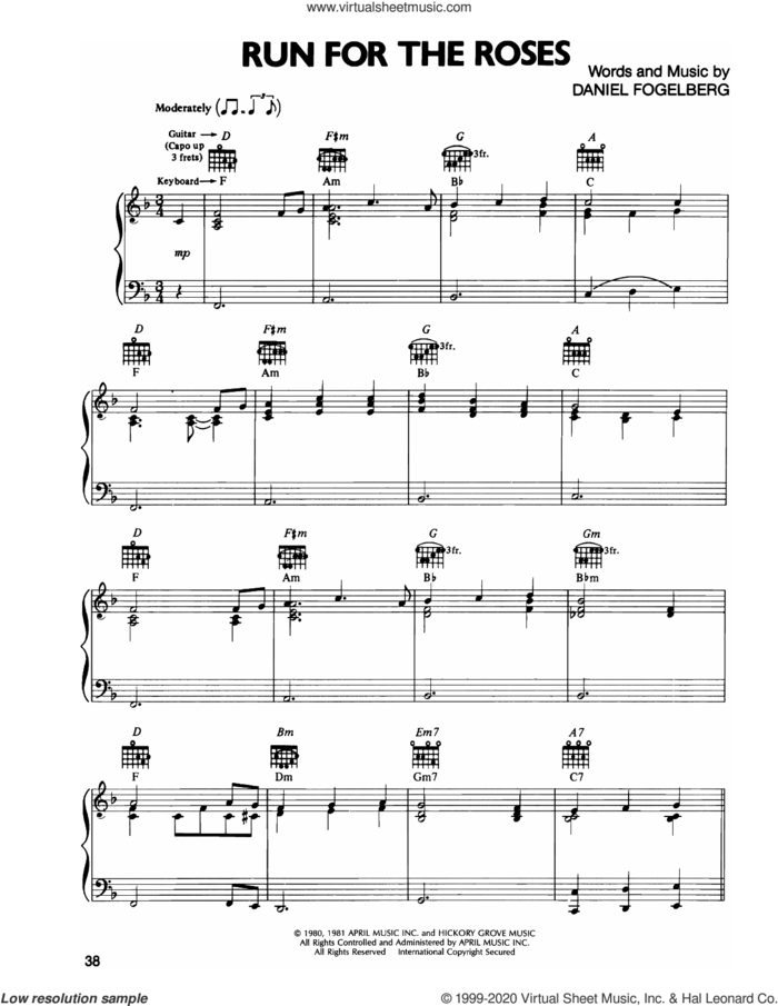 Run For The Roses sheet music for voice, piano or guitar by Dan Fogelberg, intermediate skill level