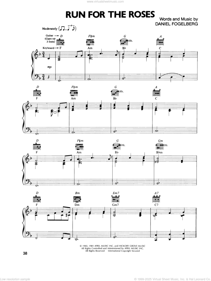 Run For The Roses sheet music for voice, piano or guitar by Dan Fogelberg, intermediate skill level