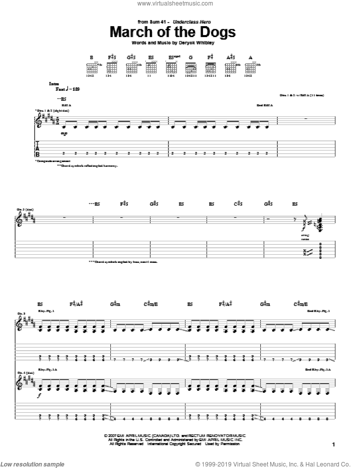 March Of The Dogs sheet music for guitar (tablature) by Sum 41 and Deryck Whibley, intermediate skill level