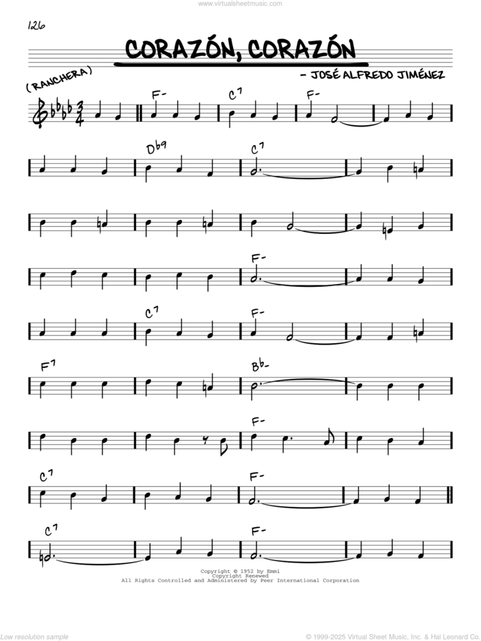 Corazon Corazon sheet music for voice and other instruments (real book) by Jose Alfredo Jimenez and Jose Alfredo Jimenez, intermediate skill level