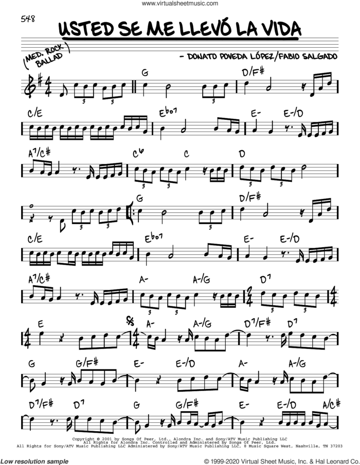 Usted Se Me Llevo La Vida sheet music for voice and other instruments (real book) by Donato Poveda Lopez and Fabio Salgado, intermediate skill level