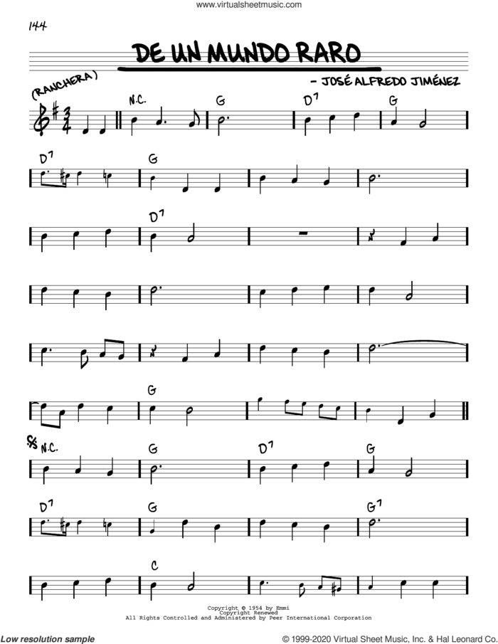 De Un Mundo Raro sheet music for voice and other instruments (real book) by José Alfredo Jimenez, intermediate skill level
