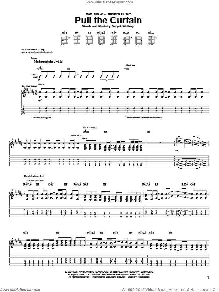 Pull The Curtain sheet music for guitar (tablature) by Sum 41 and Deryck Whibley, intermediate skill level