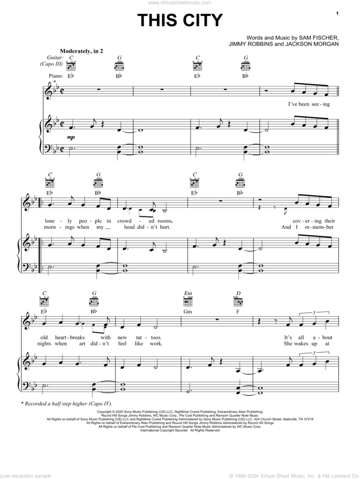 This City sheet music for voice, piano or guitar by Sam Fischer, Jackson Morgan and Jimmy Robbins, intermediate skill level