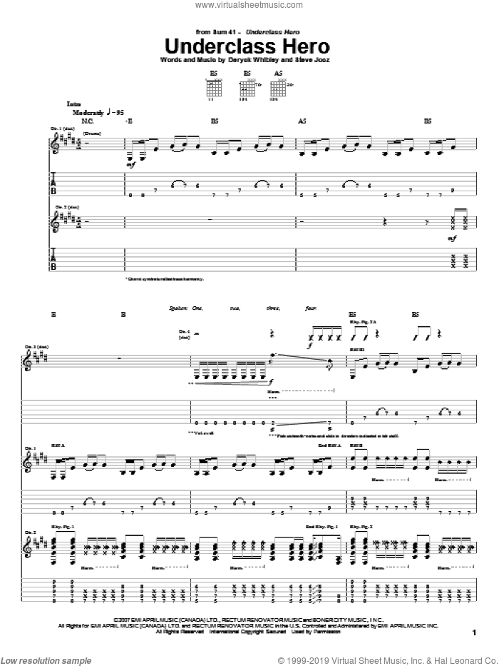Underclass Hero sheet music for guitar (tablature) by Sum 41, Deryck Whibley and Steve Jocz, intermediate skill level