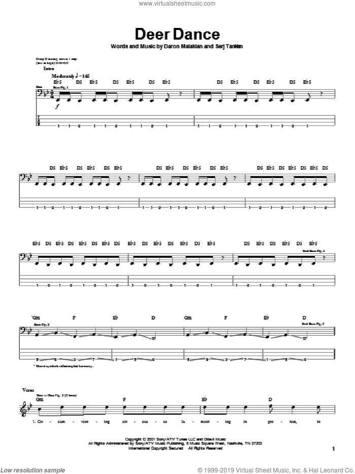 Deer Dance sheet music for bass (tablature) (bass guitar) by System Of A Down, Daron Malakian and Serj Tankian, intermediate skill level