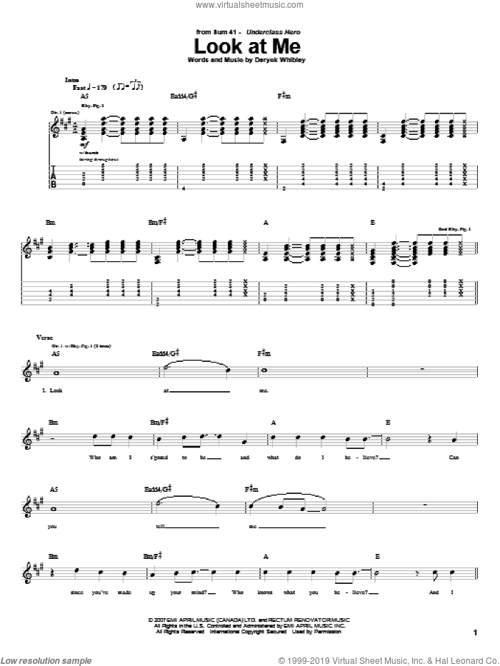 Look At Me sheet music for guitar (tablature) by Sum 41 and Deryck Whibley, intermediate skill level