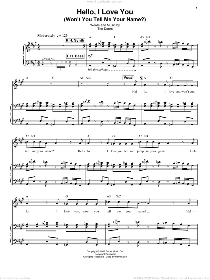 Hello, I Love You (Won't You Tell Me Your Name?) sheet music for voice and piano by The Doors, intermediate skill level