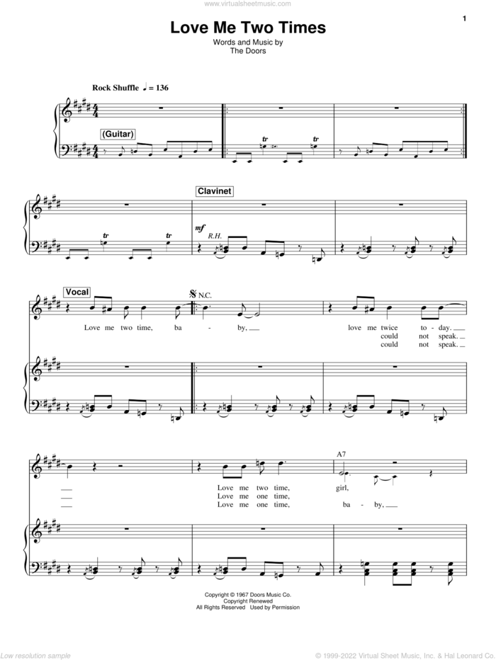 Love Me Two Times sheet music for voice and piano by The Doors, intermediate skill level
