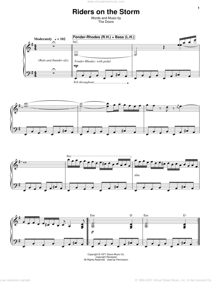 Riders On The Storm sheet music for voice and piano by The Doors, intermediate skill level