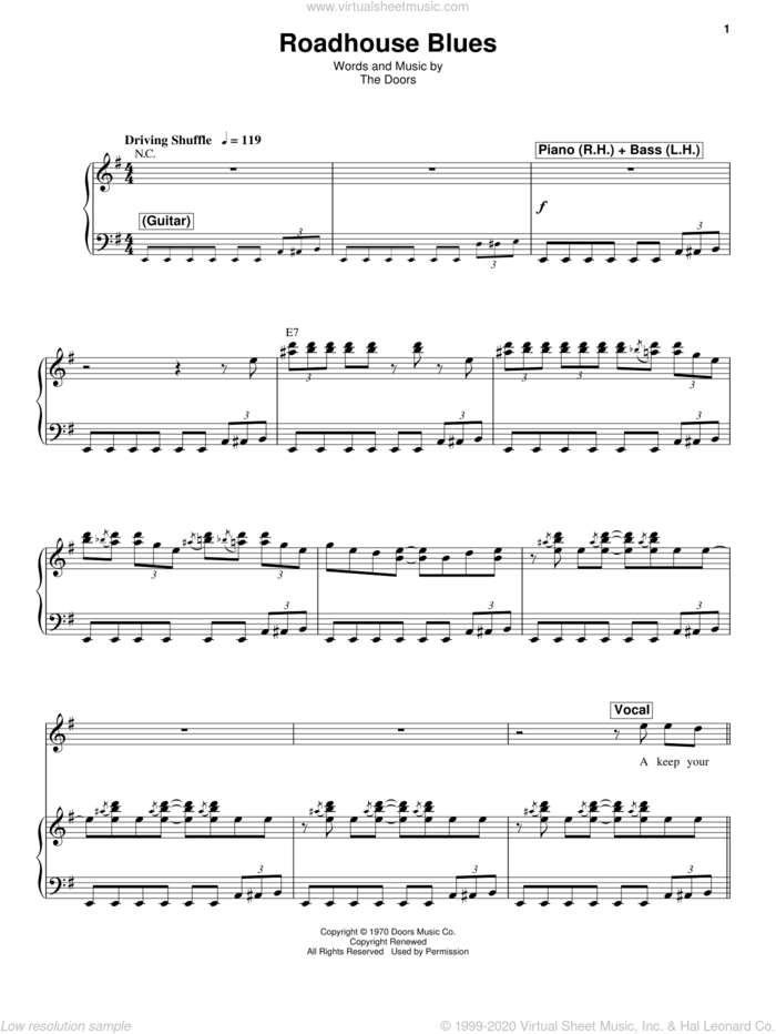Roadhouse Blues sheet music for voice and piano by The Doors, intermediate skill level