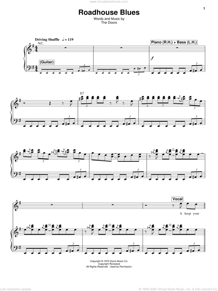 Roadhouse Blues sheet music for voice and piano by The Doors, intermediate skill level