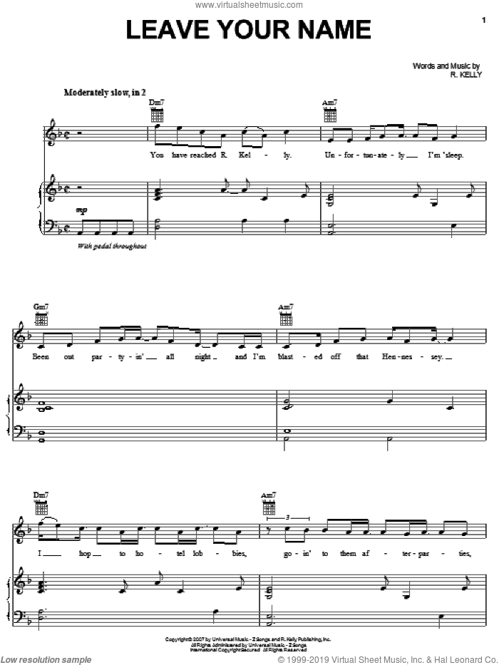 Leave Your Name sheet music for voice, piano or guitar by Robert Kelly, intermediate skill level