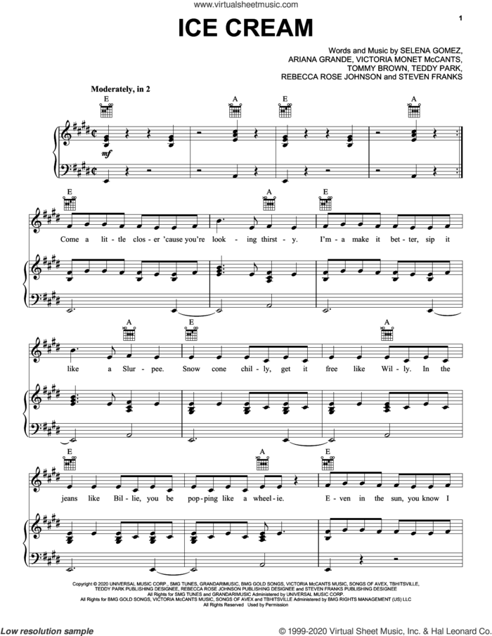 Ice Cream (with Selena Gomez) sheet music for voice, piano or guitar by BLACKPINK, Ariana Grande, Rebecca Rose Johnson, Selena Gomez, Teddy Park, Tommy Brown and Victoria Monet, intermediate skill level