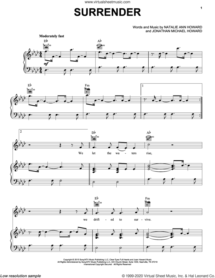 Surrender sheet music for voice, piano or guitar by Natalie Taylor, Jonathan Michael Howard and Natalie Ann Howard, intermediate skill level