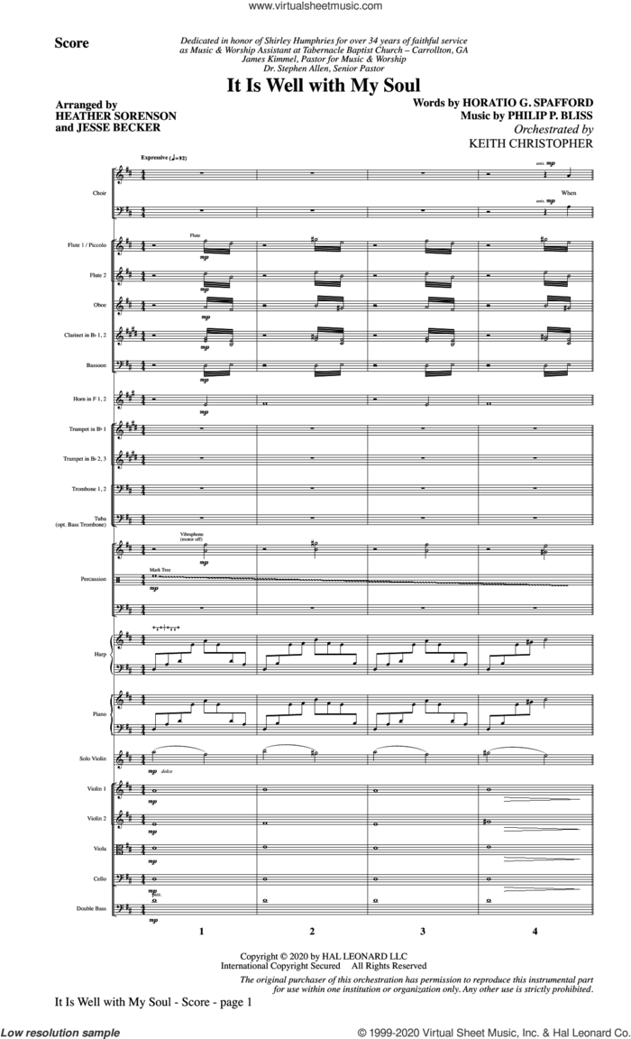 It Is Well with My Soul (arr. Heather Sorenson and Jesse Becker) (COMPLETE) sheet music for orchestra/band by Heather Sorenson, Horatio G. Spafford, Horatio G. Spafford and Philip P. Bliss, Jesse Becker and Philip P. Bliss, intermediate skill level