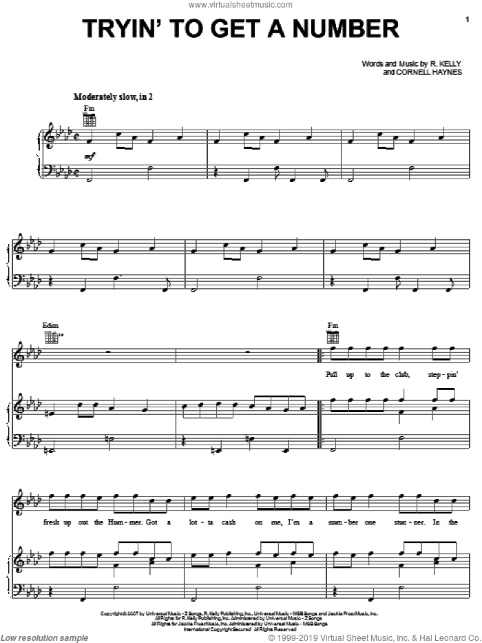 Tryin' To Get A Number sheet music for voice, piano or guitar by Robert Kelly and Cornell Haynes, intermediate skill level