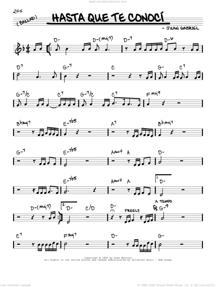 Hasta que te conoci sheet music for voice and other instruments (real book) by Juan Gabriel, wedding score, intermediate skill level