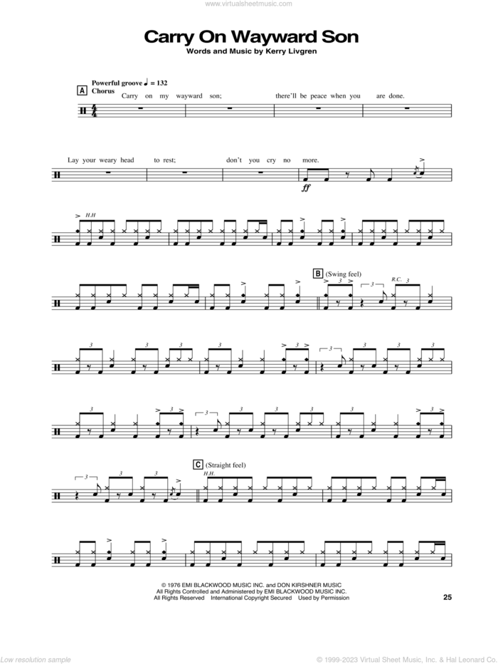 Carry On Wayward Son sheet music for drums by Kansas and Kerry Livgren, intermediate skill level